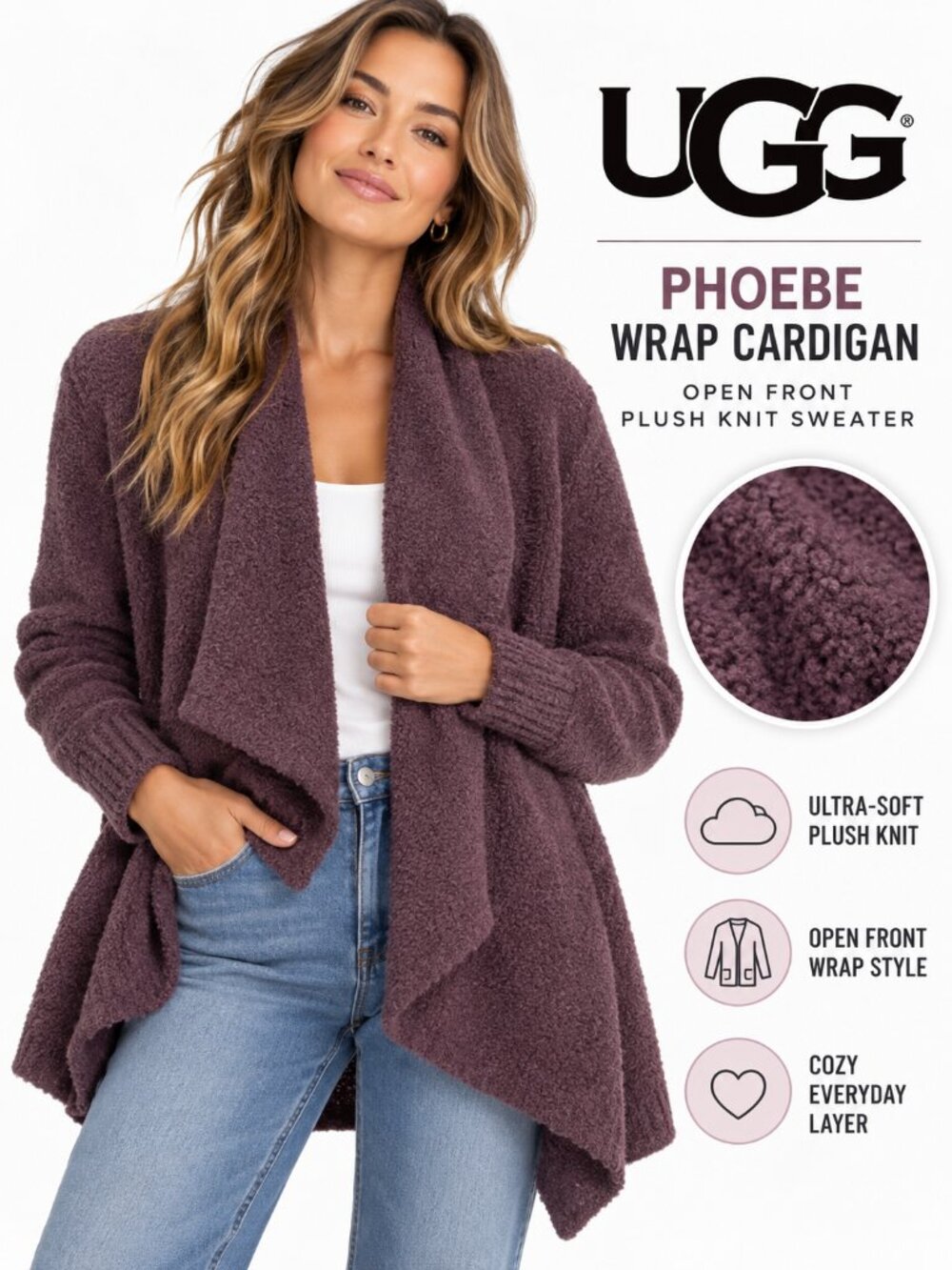 UGG Phoebe Wrap Cardigan Open Front Plush Knit Sweater-Purple Size S